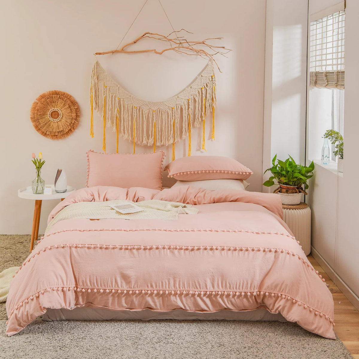 Luxury Cotton Satin Pom Fringe Duvet Cover Set - Pink