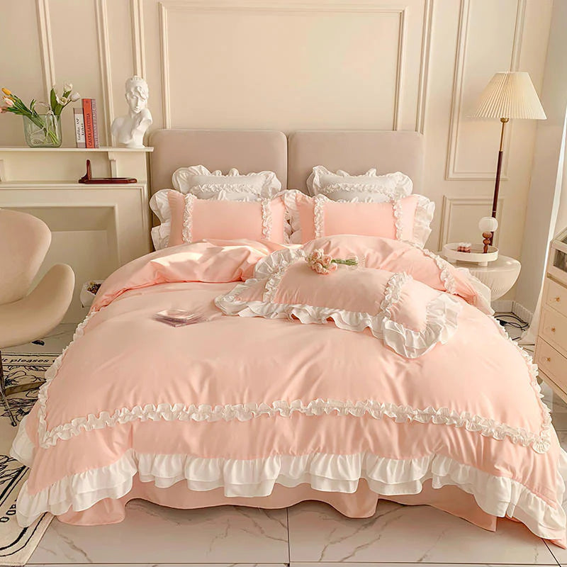 Luxury Cotton Frilled Duvet Set - Dusty Pink