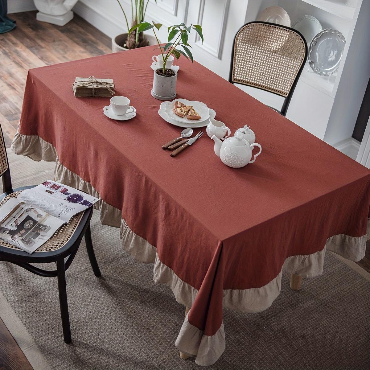 Flounce Stitching Cotton Table Covers-Rust & Beige