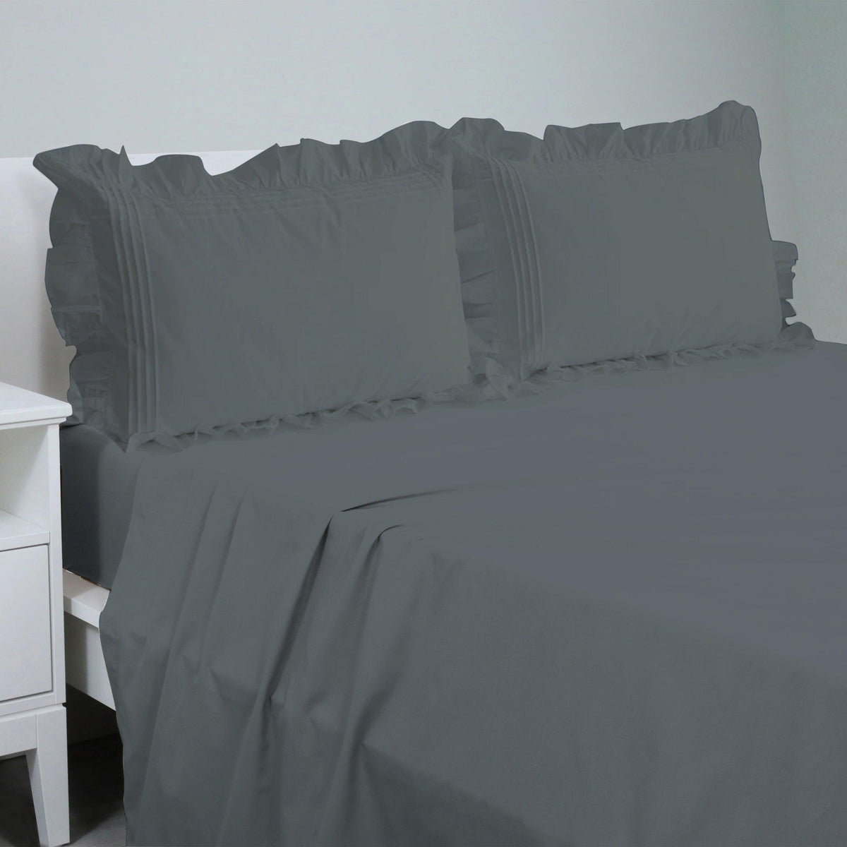 Cotton Fitted Sheet With Frilled Pillow Covers-Charcoal Grey