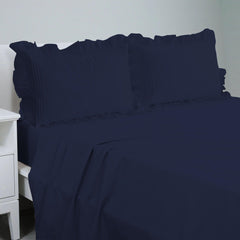 Cotton Fitted Sheet With Frilled Pillow Covers-Navy Blue