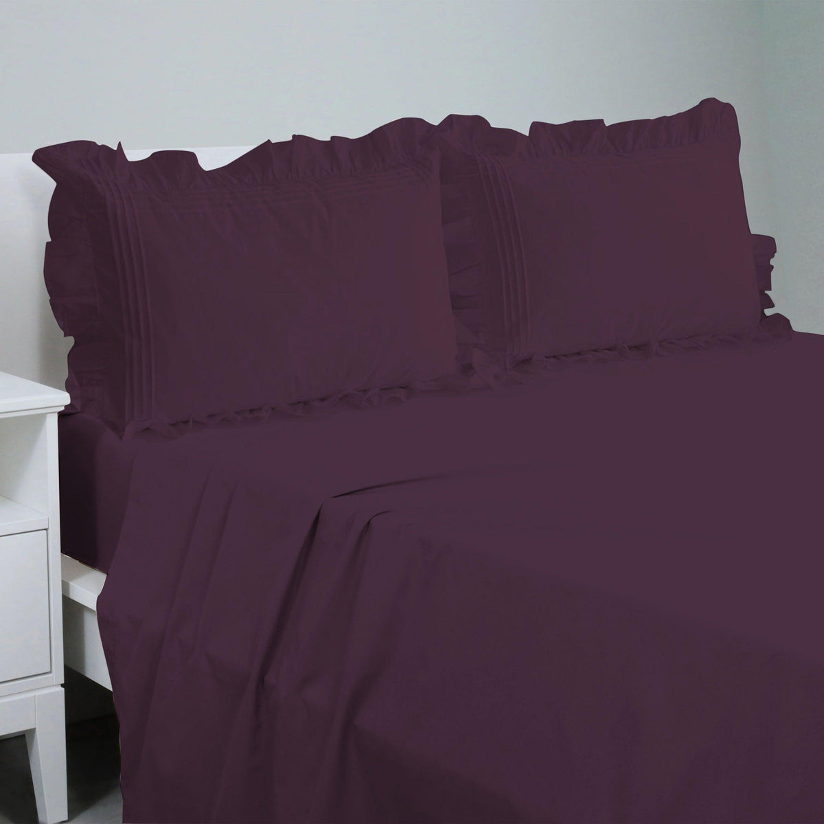 Cotton Fitted Sheet With Frilled Pillow Covers-Plum