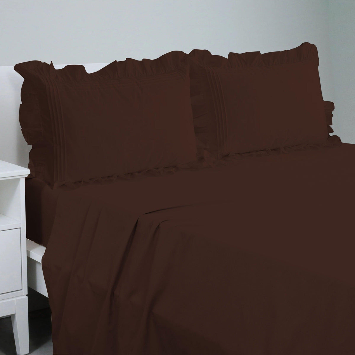 Cotton Fitted Sheet With Frilled Pillow Covers-Chocolate Brown