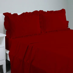 Cotton Fitted Sheet With Frilled Pillow Covers-Dark Maroon