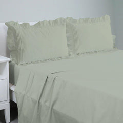 Cotton Fitted Sheet With Frilled Pillow Covers-Pastel Mint Green