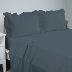 Cotton Fitted Sheet With Frilled Pillow Covers-Prussian Blue