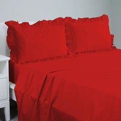 Cotton Fitted Sheet With Frilled Pillow Covers-Red