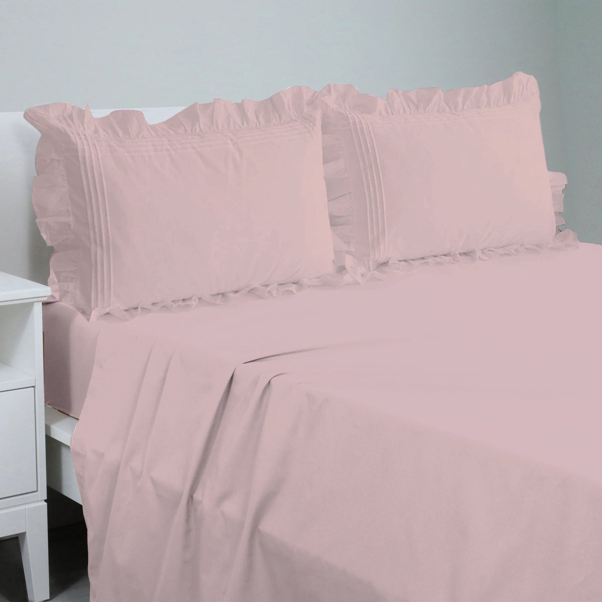 Cotton Fitted Sheet With Frilled Pillow Covers-Rose Pink