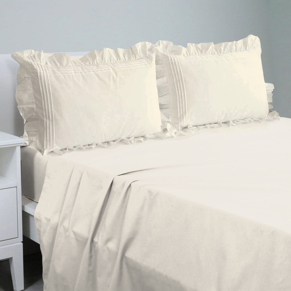 Cotton Fitted Sheet With Frilled Pillow Covers-Cream