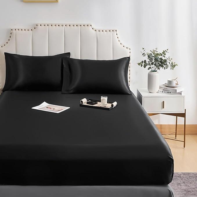 Luxury Cotton Satin Elastic Band Fitted Sheet with Pillows  - Black