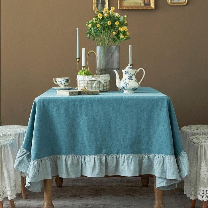 Flounce Stitching Cotton Table Covers-Blue & Light Blue