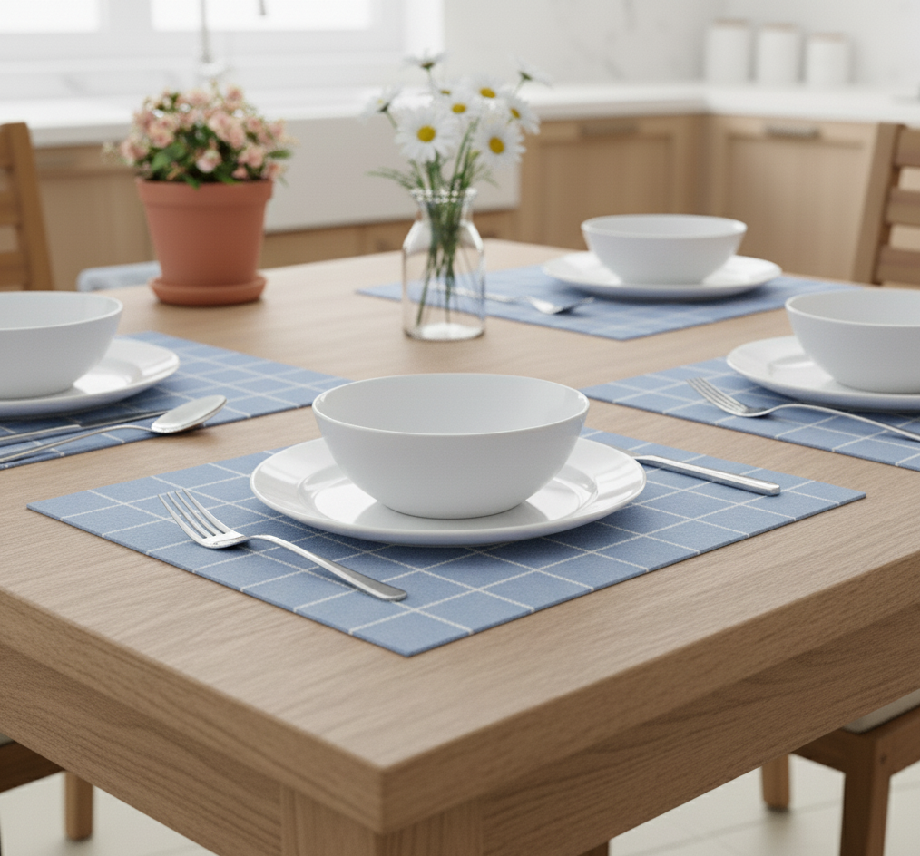 Waterproof Printed Table Mats - Modern Vintage Blue Check