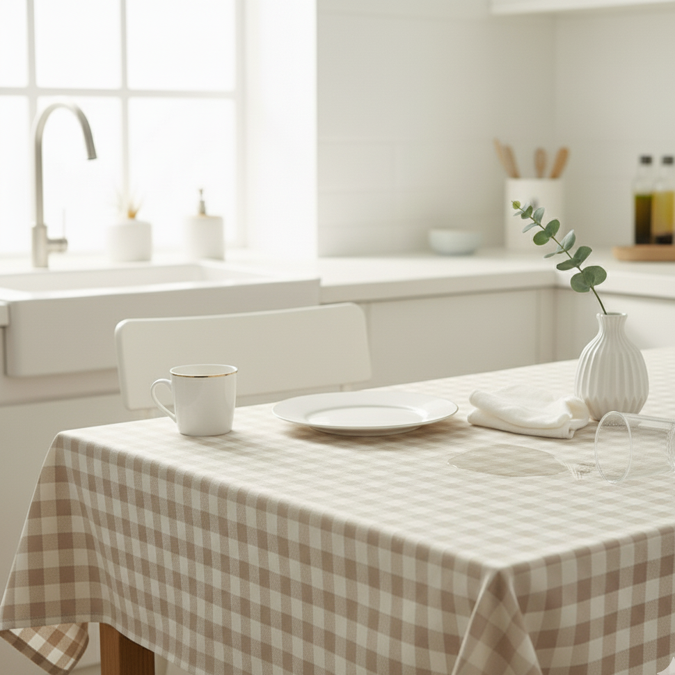 Waterproof Beige Checked Printed Table Cover