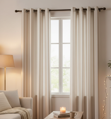 2Pc Waterproof Printed Curtains - Ticking Stripe Beige