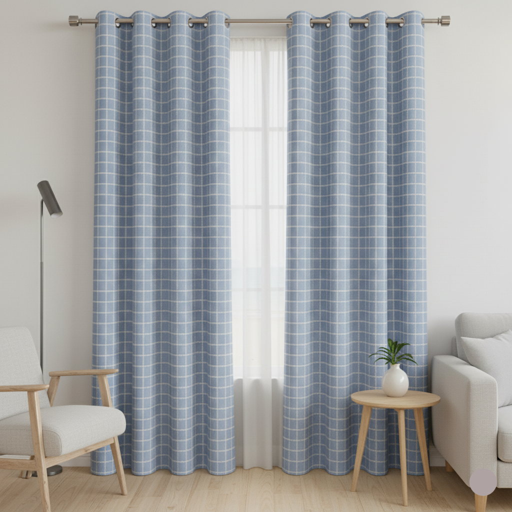 2Pc Waterproof Printed Curtains- Modern Vintage Blue Check