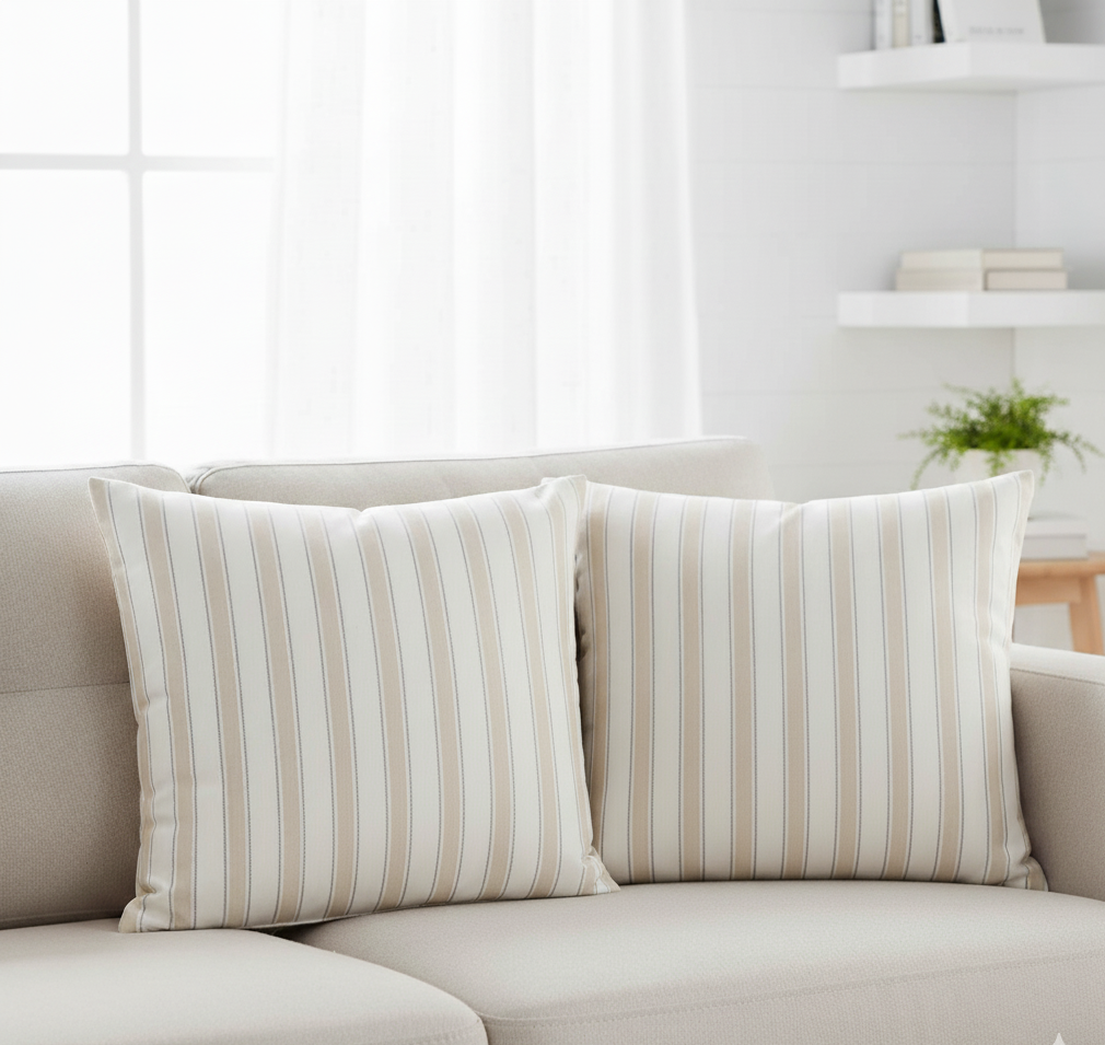 Waterproof Ticking Stripe Beige  Printed Cushion Cover-1 Pc