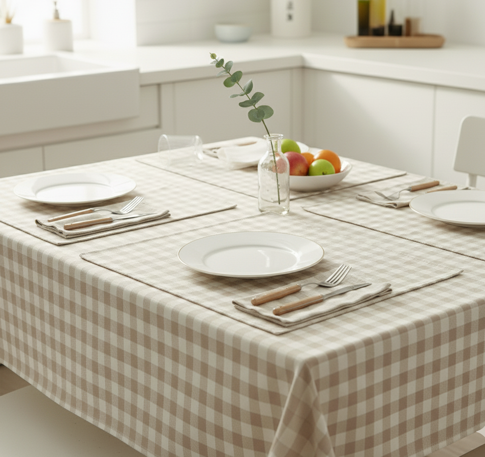 Waterproof Beige Checked Printed Table Cover