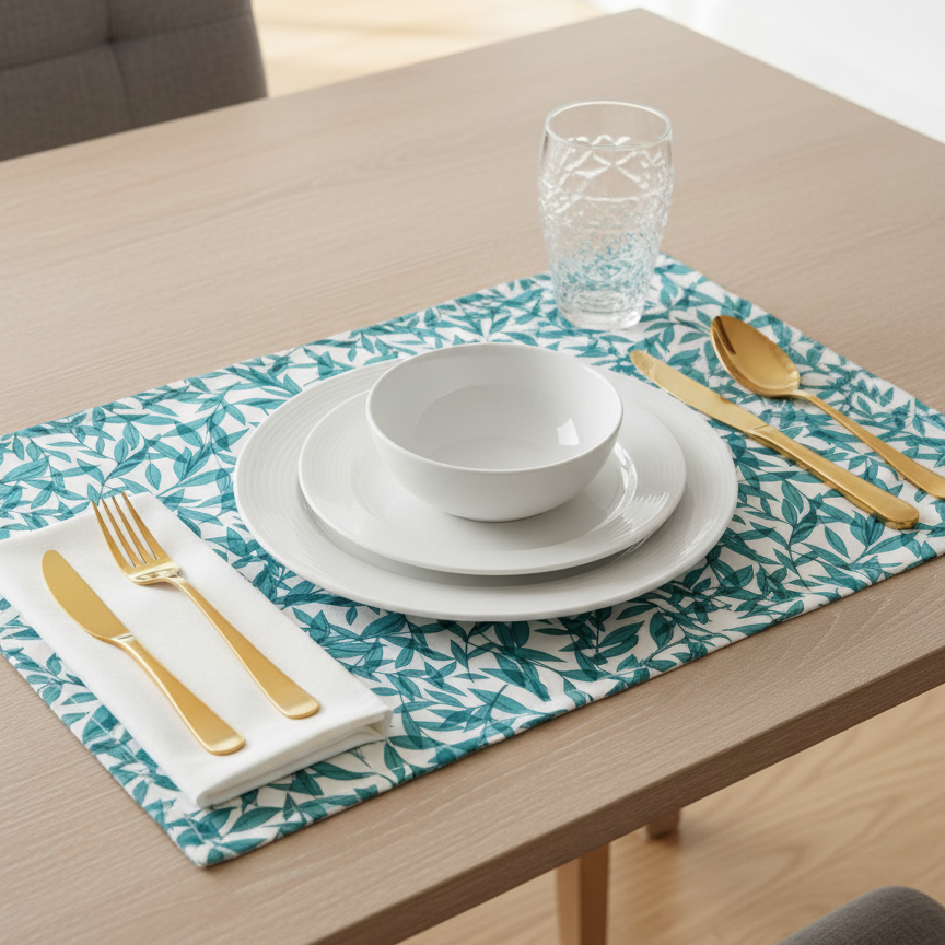Waterproof Printed Table Mats - Teal Green Leaves