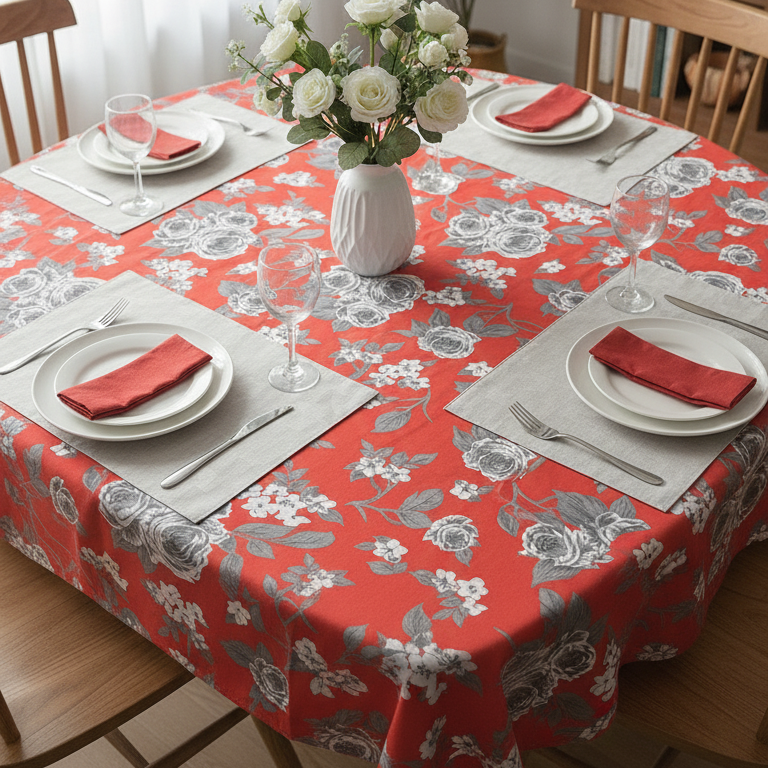 Red Elegance Blossom Printed Table Cover