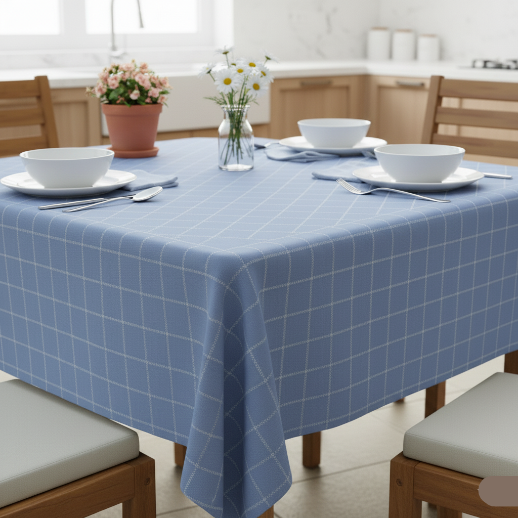 Waterproof Modern Vintage Blue Check Printed Table Cover