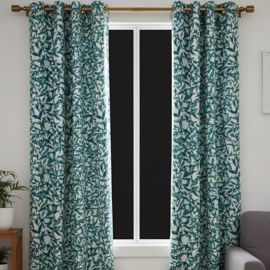 2Pc Waterproof Printed Curtains - Teal Green Leaves