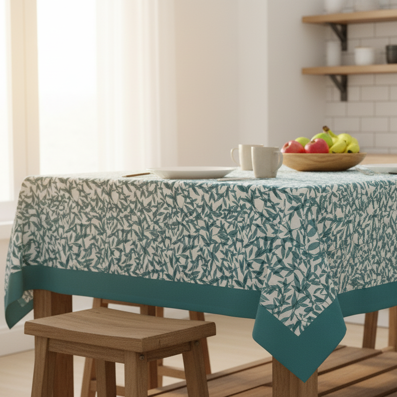 Waterproof Printed Teal Green Leaves Table Cover with Plain Cotton Border