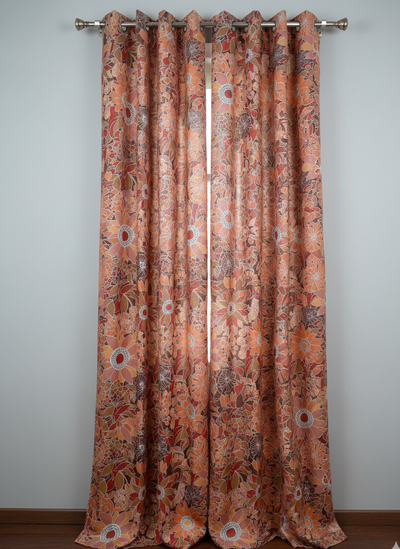 2Pc Printed Floral Bloom Eyelet Curtain – Warm Autumn Tones