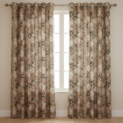 2Pc Printed Eyelet Curtain – Neutral Beige Hydrangea
