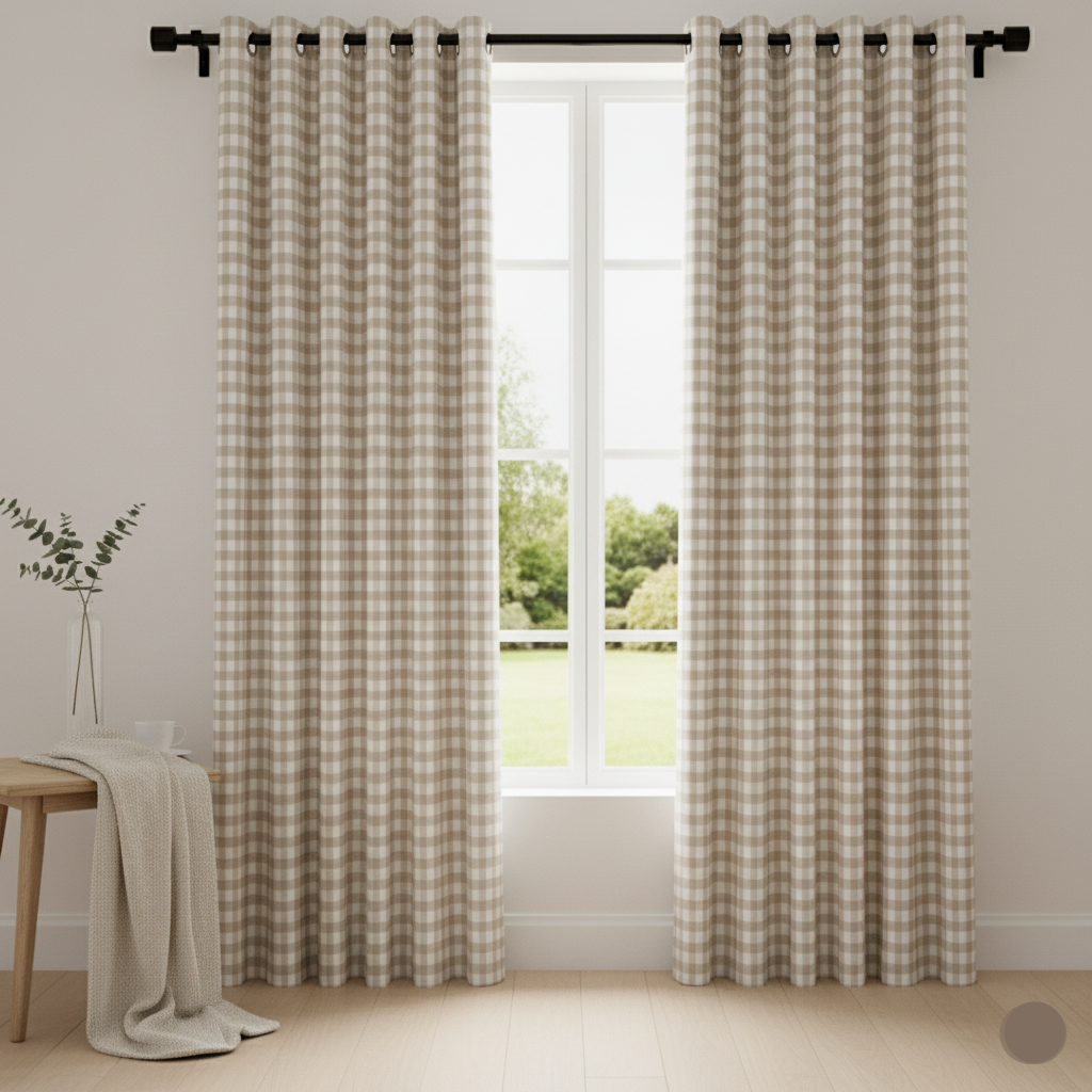 2Pc Waterproof Printed Curtains - Beige Checked