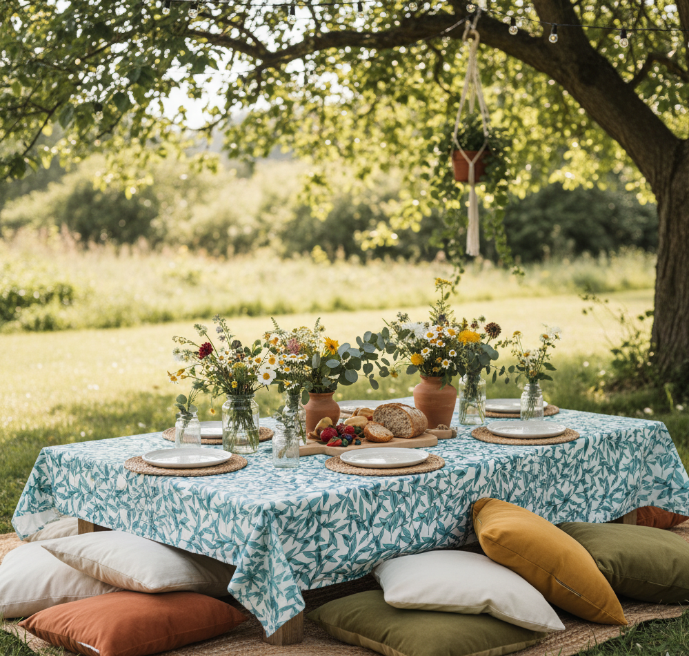 Waterproof Teal Green Leaves Printed Table Cover