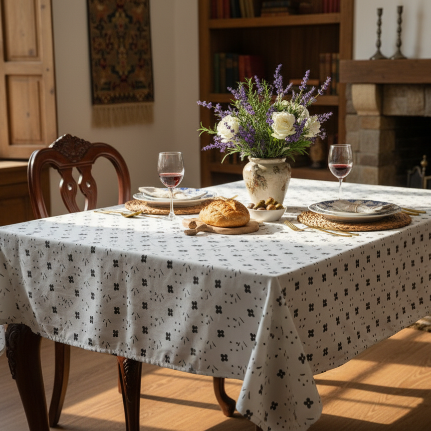 Printed Cotton Satin Table Cover-Black Petal
