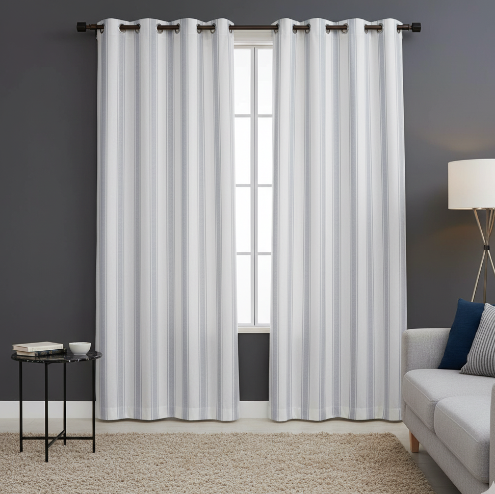 2Pc Waterproof Printed Curtains - Ticking Stripe Grey