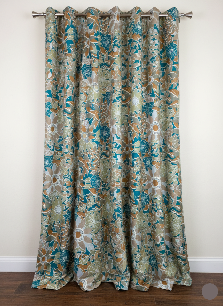 2Pc Printed Eyelet Curtain – Aqua Blossom Curtain