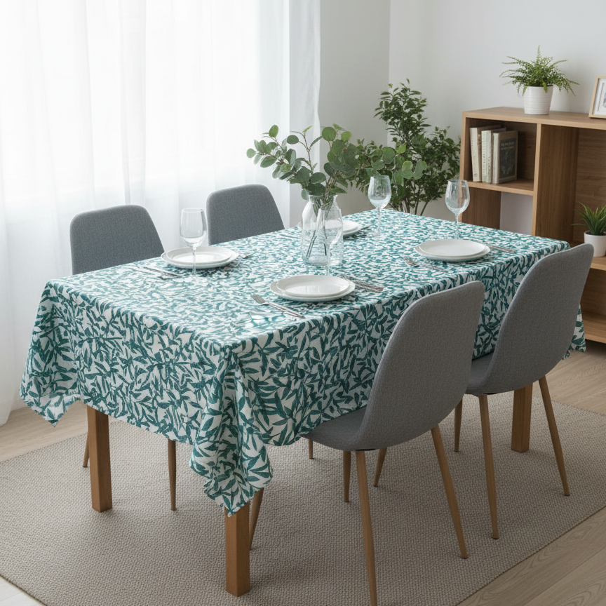 Waterproof Teal Green Leaves Printed Table Cover