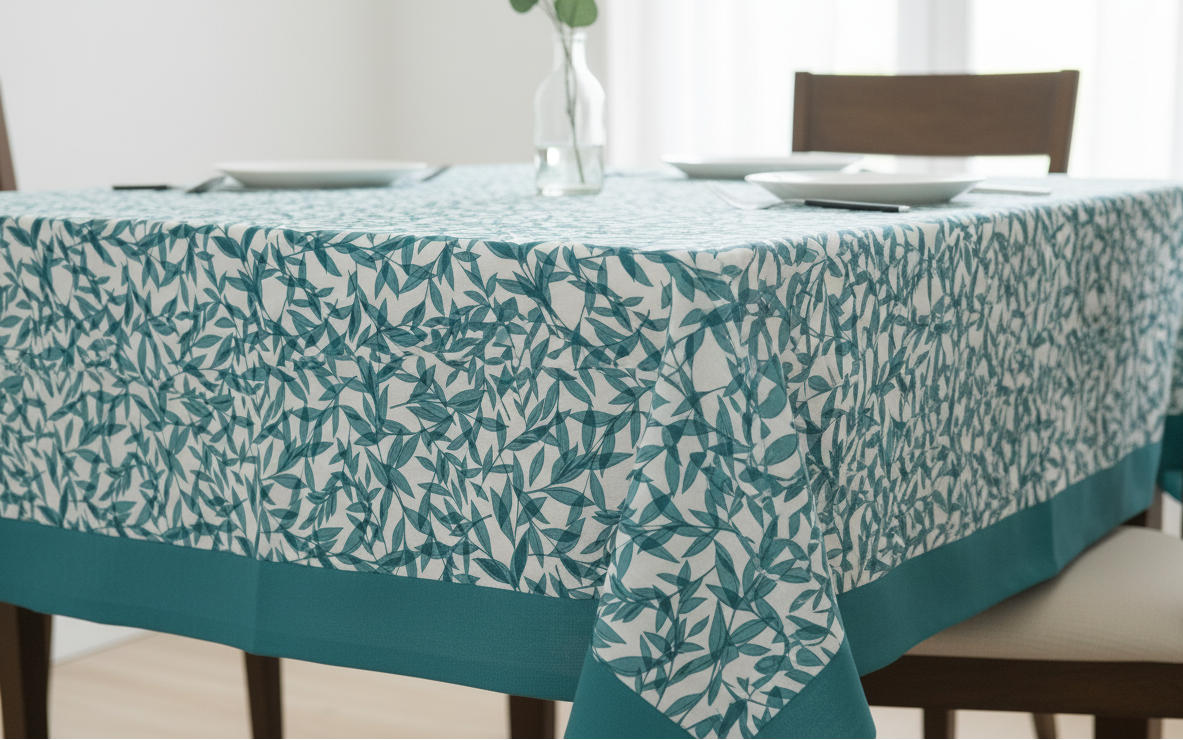 Waterproof Printed Teal Green Leaves Table Cover with Plain Cotton Border