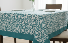 Waterproof Printed Teal Green Leaves Table Cover with Plain Cotton Border
