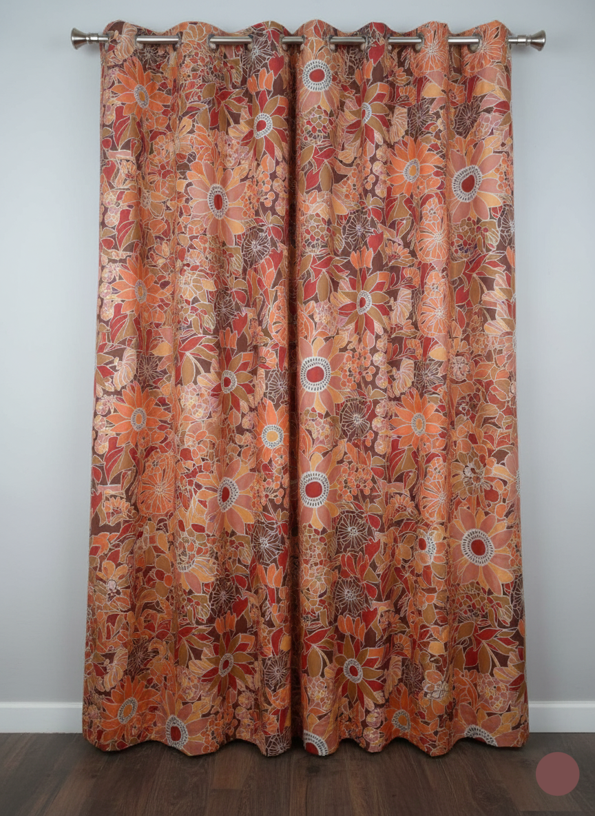 2Pc Printed Floral Bloom Eyelet Curtain – Warm Autumn Tones