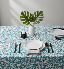 Waterproof Teal Green Leaves Printed Table Cover