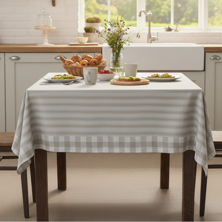 Waterproof Printed Beige stripe Table Cover with Beige check Border