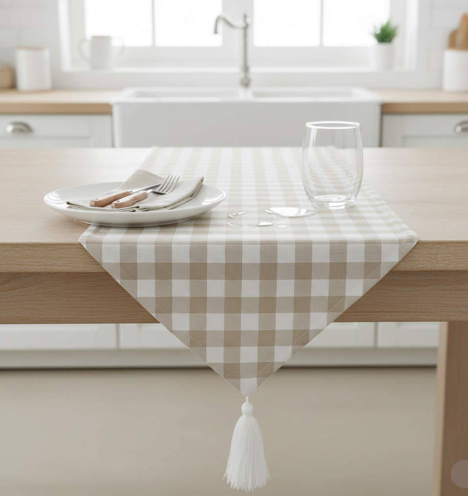 Waterproof Table Runner - Beige Checked