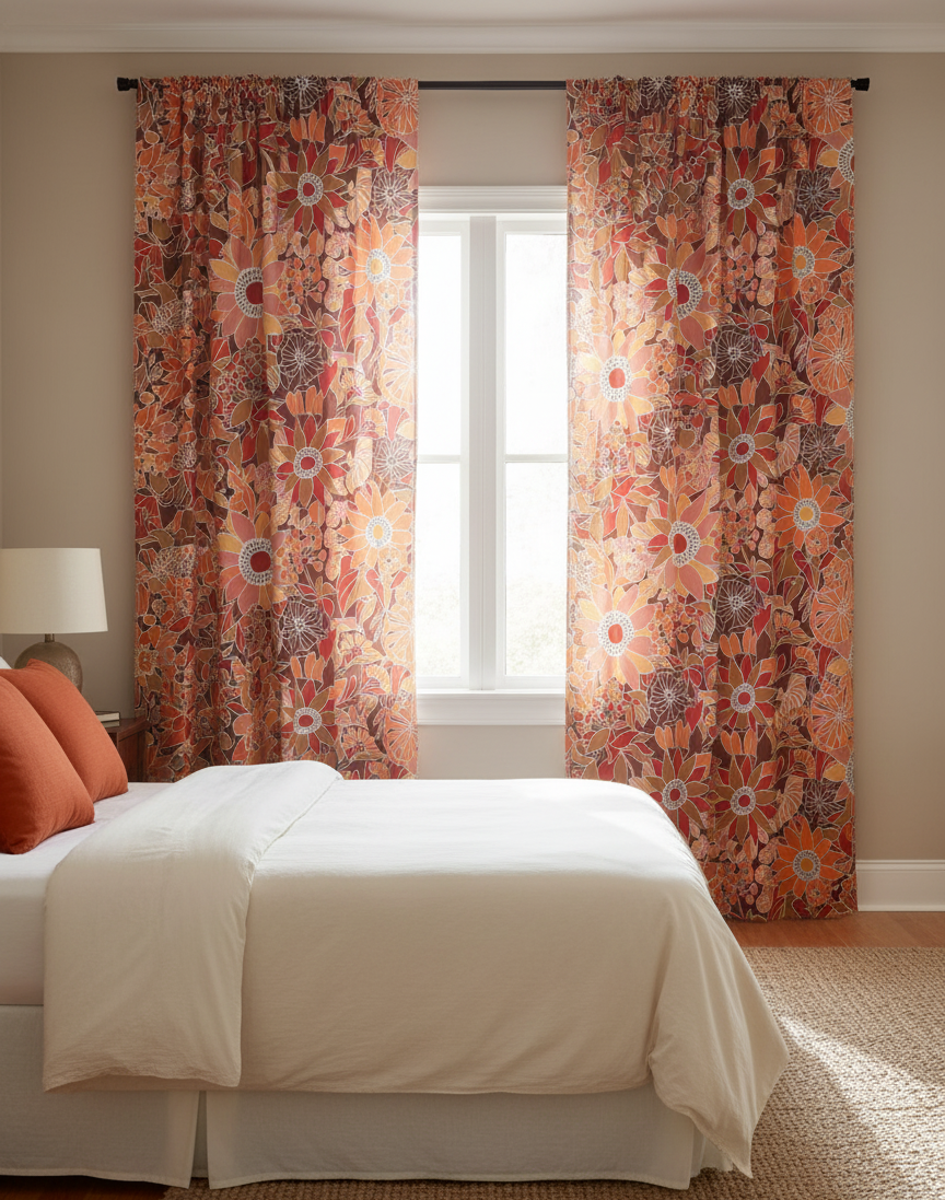 2Pc Printed Floral Bloom Eyelet Curtain – Warm Autumn Tones