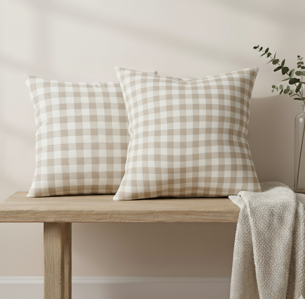 Waterproof Beige Checked Printed Cushion Cover-1 Pc