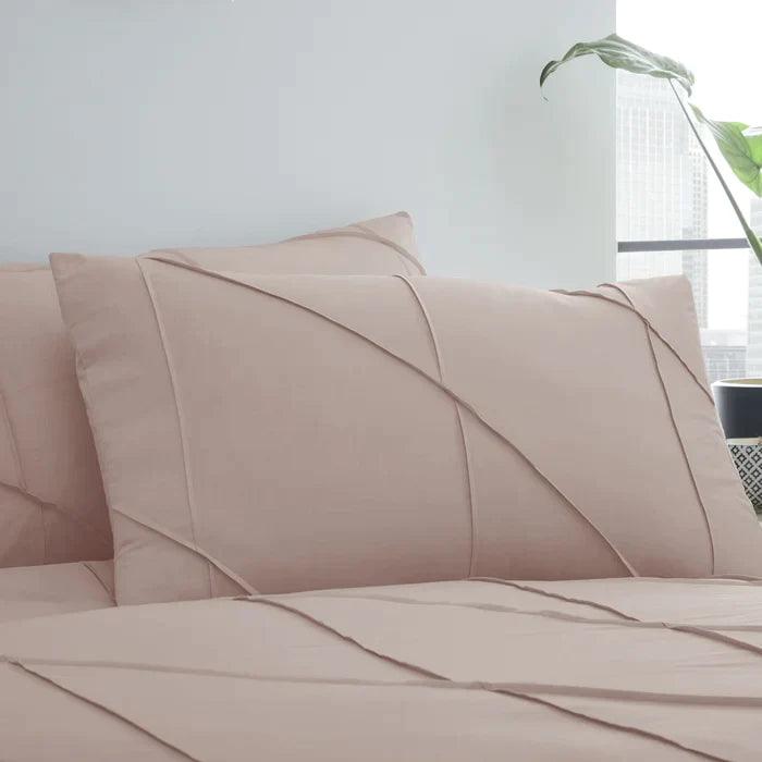 Geometric Pleated Cotton Satin Duvet Cover Set - Light Beige