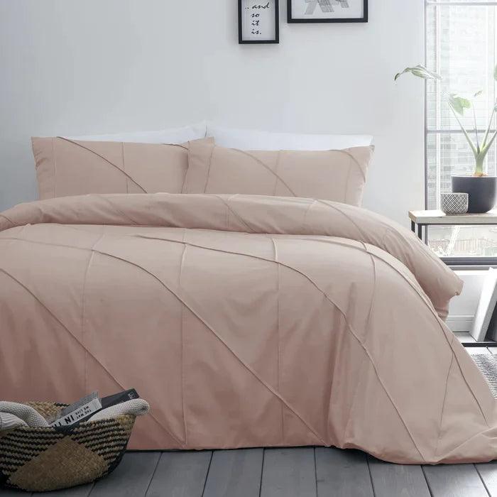 Geometric Pleated Cotton Satin Duvet Cover Set - Light Beige