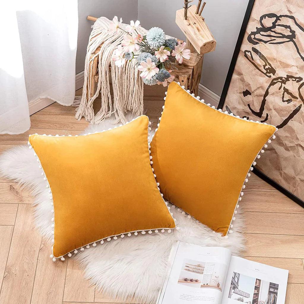 Pom-Poms Velvet Cushion Covers - 2Pcs Set