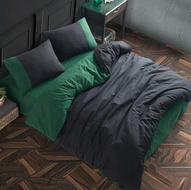 Plain Dyed Reversible Cotton Duvet Cover Set - Green & Black