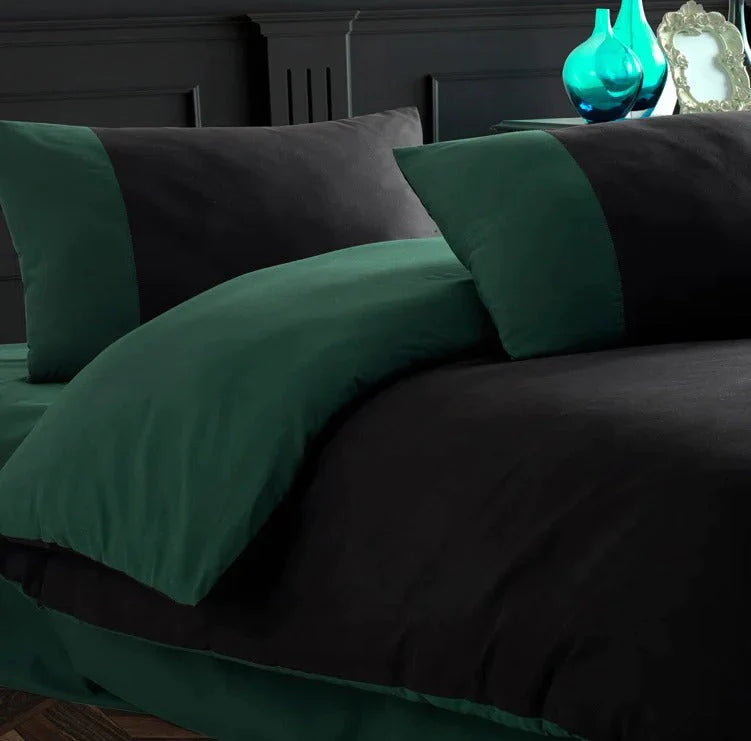 Plain Dyed Reversible Cotton Duvet Cover Set - Green & Black