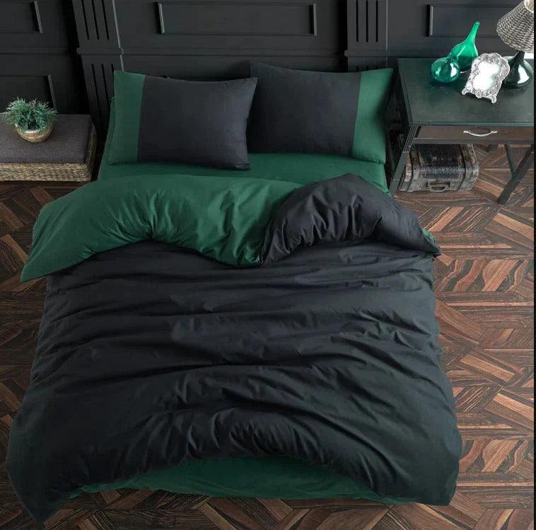 Plain Dyed Reversible Cotton Duvet Cover Set - Green & Black