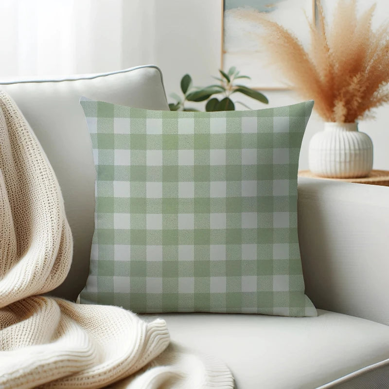 Waterproof Green White Checkered Printed Cushion Cover-1 Pc