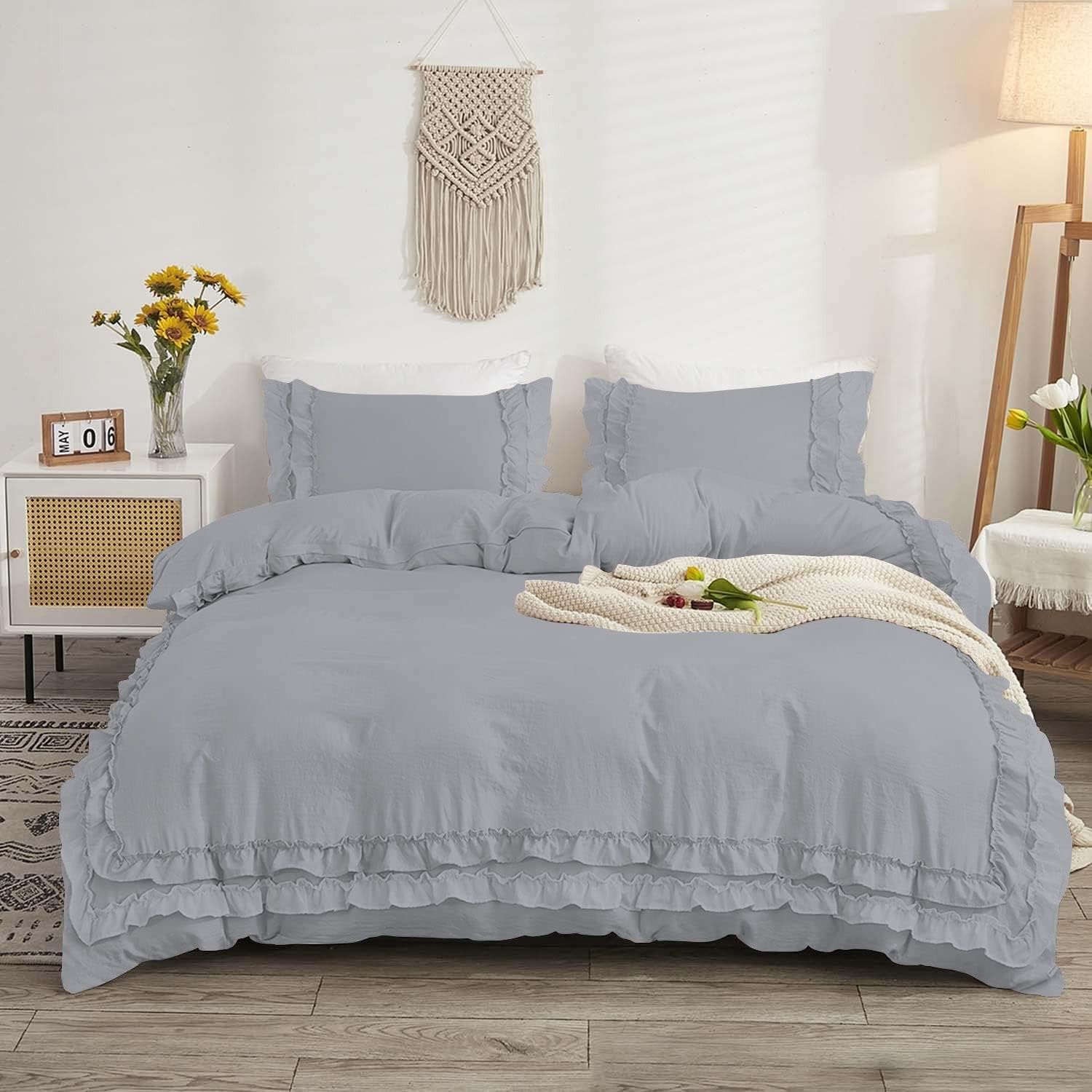 Luxury Cotton Frilled Duvet Set-Grey